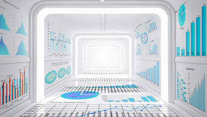 Office interior with graphs and diagrams