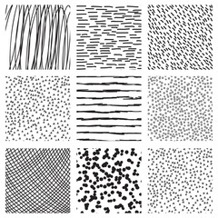 Set of ink hand drawn hatch texture. Collection of vector ink lines, points, hatching, strokes. Abstract black and white backgrounds.