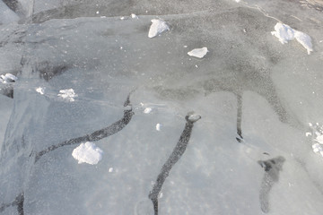Bubbles under ice, formation of ice on the river, a natural background
