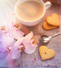 Hearts, valentine, cookies, orchid, cup of coffee and light rays