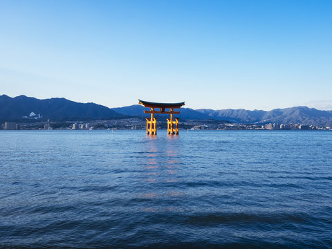 Tori Gate during high tide Itsukushima Shrine in Hiroshima Japan