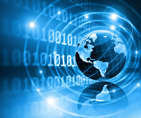 Best Internet Concept of global business. Globe, glowing lines on technological background. Electronics, Wi-Fi, rays, symbols Internet, television, mobile and satellite communications