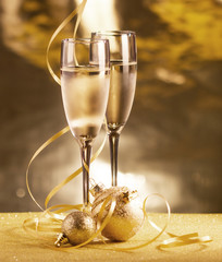 Pair glass of champagne. New year celebration or wedding concept