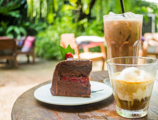 Coffee drinks and black forest cake