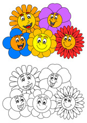 Smiling colorful flowers such as coloring books for children - vector svg