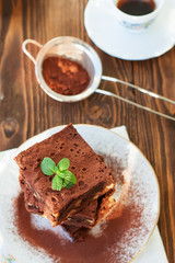 Cake chocolate brownies on wooden background