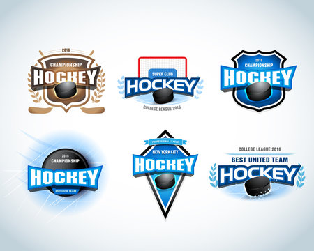 Hockey sport team logotype templates set. Hockey team logo template. Hockey emblem, logotype template, t-shirt apparel design. Sport badge for tournament or championship.