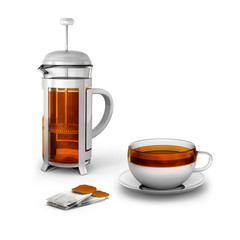 Black tea bags with cup and french press