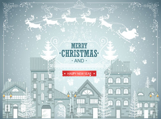 Christmas city landscape, urban winter background, vintage card, snowfall vector illustration