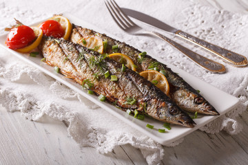 saury grilled with vegetables on a plate. horizontal
