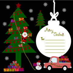 Merry Christmas, Christmas Greeting Card, Santa Claus christmas tree and christmas ball and gift Vector