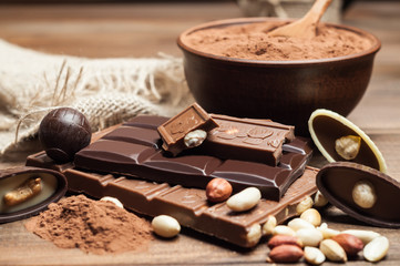 black and milk chocolate, nuts, cocoa