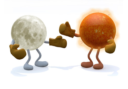 sun and moon with arms, legs and boxing gloves