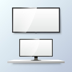 Lcd monitor and empty white flat TV screen. Vector templates