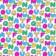 Seamless pattern with colorful letters. Handwritting doodle kids background.