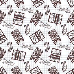 Hand drawn seamless pattern with books and bookcase. School library background.