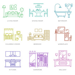 Home rooms interior in linear style. Vector icons set