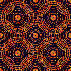 Autumn pattern. Retro circles texture. Vector seamless on black background.