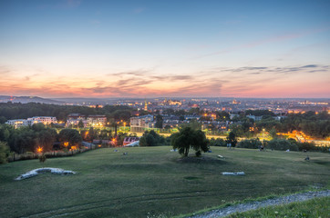 Fototapeta Evening panorama of Krakow, Poland, from Krakus Mound obraz