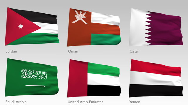 Animated flags of the East and middle East with alpha channel, Jordan, Oman, Qatar, Saudi Arabia, United Arab, Emirates, Yemen