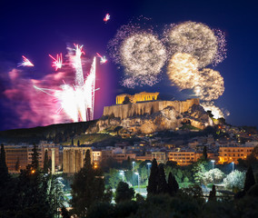 Acropolis with firework, celebration of the New year in Athens, Greece © Tomas Marek