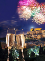 Acropolis with firework, celebration of the New year in Athens, Greece