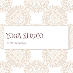 Design for yoga studio with mandala in soft tones. Vector illustration with copy space