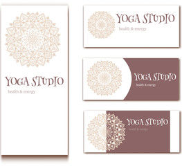 Design for yoga studio with mandala in soft tones. Vector illustration with copy space