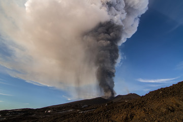 Volcano eruption. Mount Etna erupting from the crater Voragine
