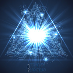 Technology digital background. Triangle with distorted abstract glowing lines. Bright sunburst explosion. Vector illustration