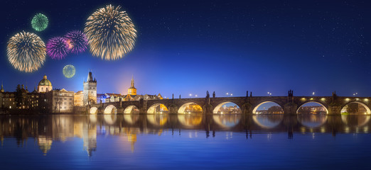Charles Bridge and beautiful fireworks in Prague at night - obrazy, fototapety, plakaty