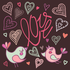 Valentine's day birds. Hand draw vector illustration in doodle s