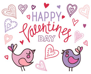Valentine's day birds. Hand draw vector illustration in doodle s
