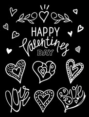 Doodle black and white valentine's day set. Lettering, hearts an