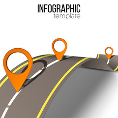 Road infographic with orange pin pointer and shadows. Vector illustration