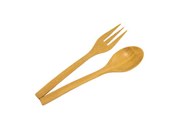 wooden spoon and fork on white background