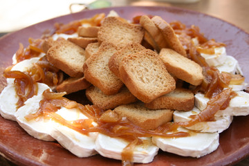 goat cheese roller slices with caramelized onion