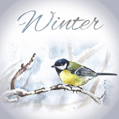 Watercolor hand drawn bird card template