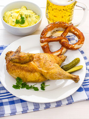 Half roast chicken, beer, pretzel and potato salad