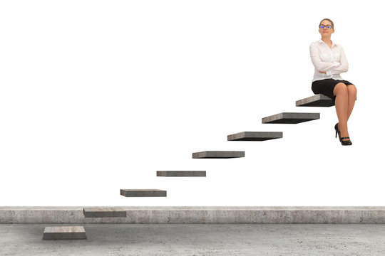 Business Woman Walking Up A Staircase.  Isolated On White
