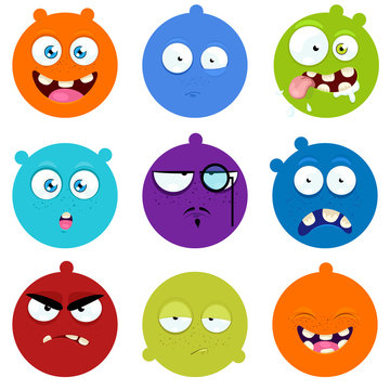 Set of cartoon faces with expression of emotions.