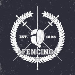 Fencing grunge emblem, logo with crossed foils and fencing mask, vector illustration