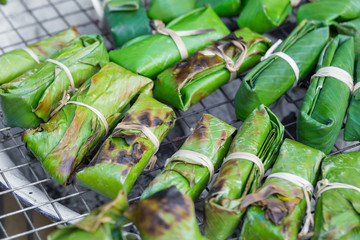 Thai Dessert, Freshly Homemade of Grilled Bananas in Sticky Rice