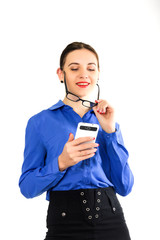 beautiful sexy woman in a business suit stands next to a suitcase and talking on the phone business woman traveling