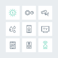 Smart House, smart electronics line icons in squares, vector illustration