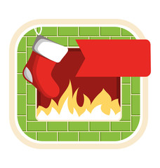 Christmas Label Icon Flat with Fireplace and Sock Isolated on Wh