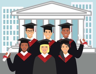 a group of graduates of different nationalities in gown graduate on the background of the university