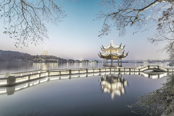beautiful hangzhou at dawn and ancient pavilion