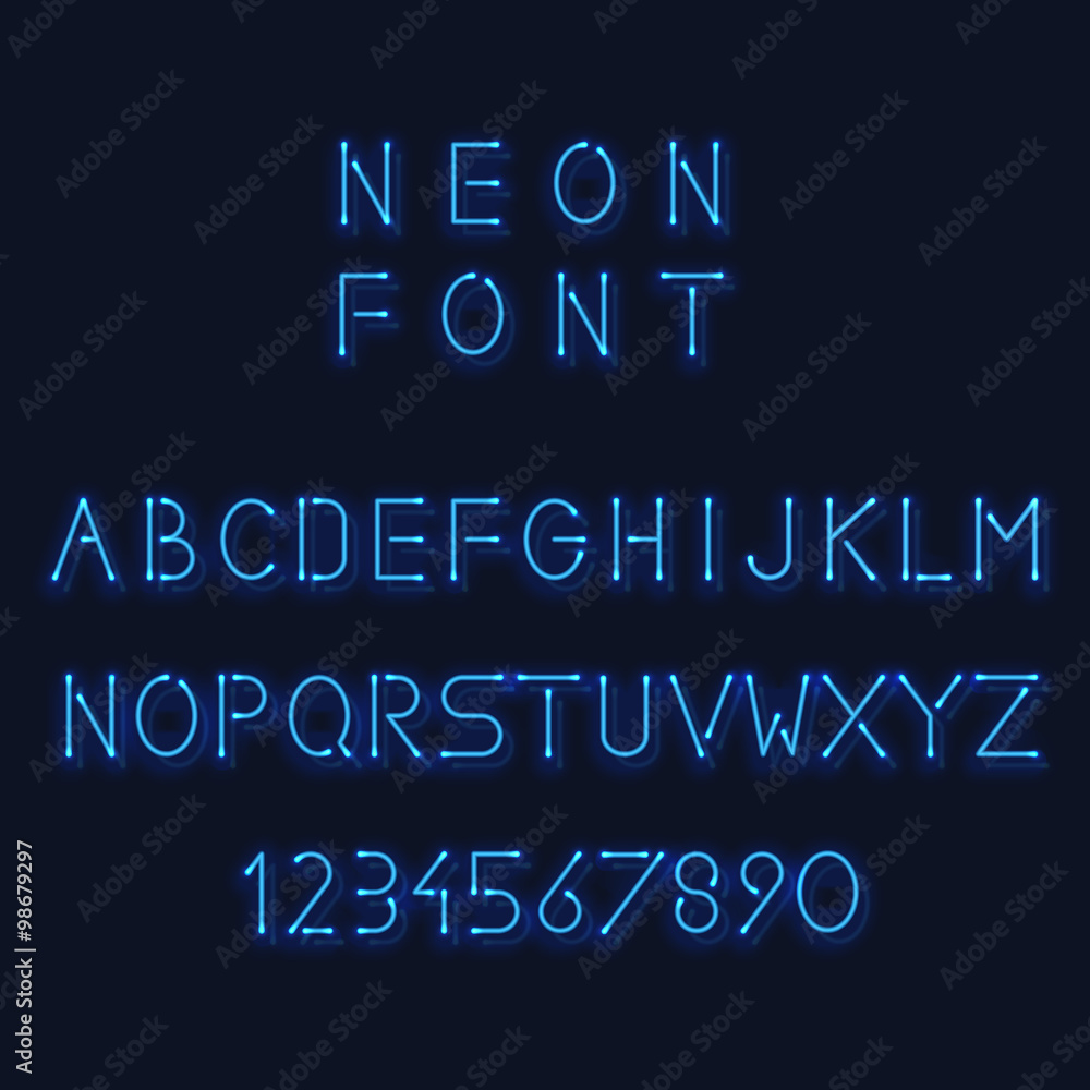 Poster neon light alphabet. vector letters and number. minimalistic linear sans-serif font