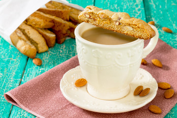 Traditional Italian pastry biscuit (cantuccini) with a cup of co
